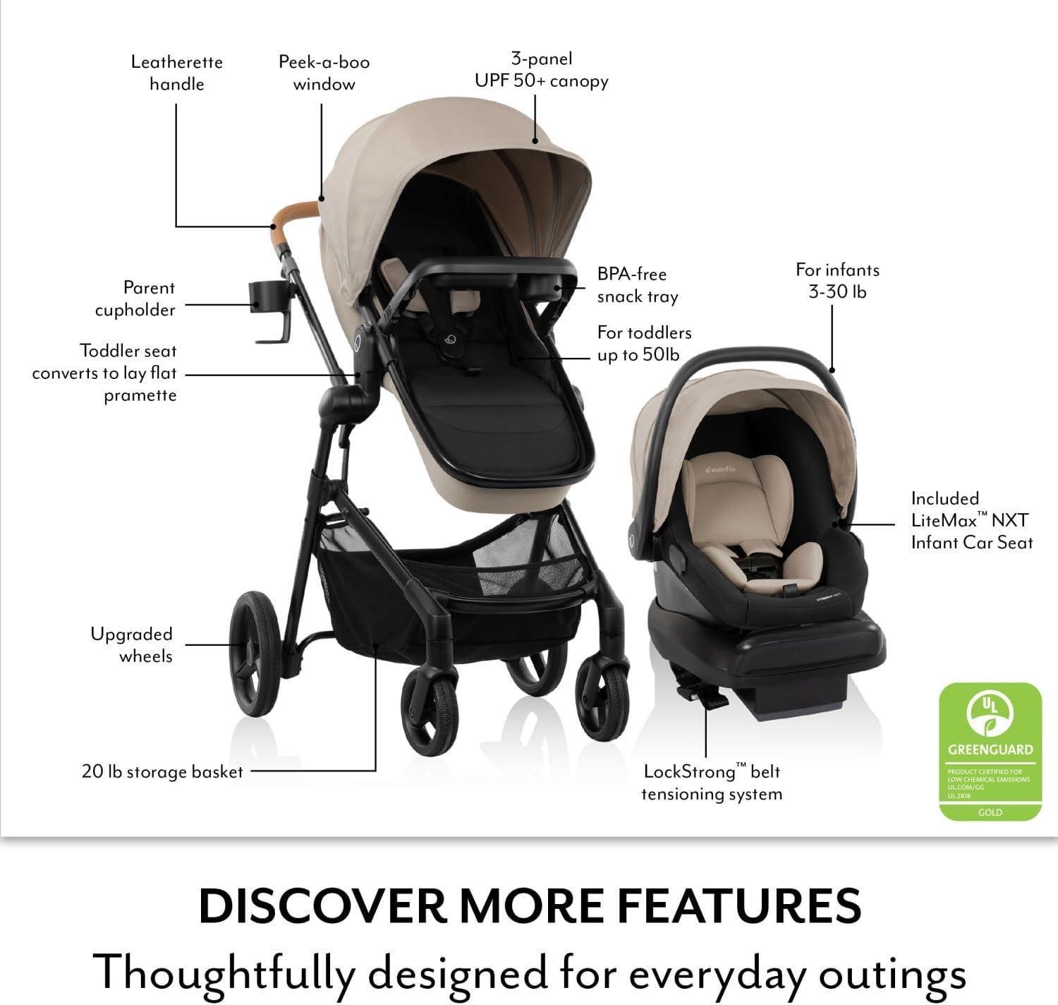 image:imageEvenflo Pivot NXT Travel System with LiteMax NXT Preemie and Infant Car SeatLatte Tan